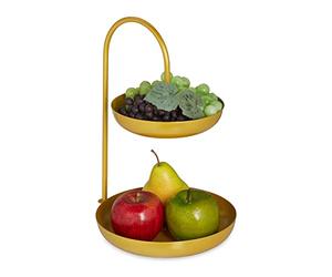 Relaxdays Frutero 2 Pisos, Metal, 31 x 23 x 20 cm, Cuenco Redondo para Manzanas, Plátanos, Verduras y Galletas, Dorado
