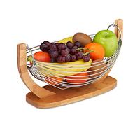 Relaxdays 10028850 Frutero de Cocina Moderno, Original, Rejilla, Bol, Bambú-Acero INOX, 1 Ud, 18,5x38x23 cm, Marrón-Plateado