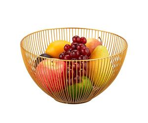 Relaxdays Frutero Metálico, Cesta Frutas Redonda, 14 x 25 cm, Bol de Rejilla para Fruta, Verdura y Pan, Moderno, Dorado