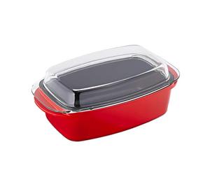 Relaxdays Fuente de Horno con Tapa, Antiadherente, Cazuela, Aluminio Fundido y Cristal, Apto para Lavavajillas, Rojo