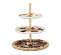 Relaxdays Fuente para Servir de 3 Pisos, Bambú-Cerámica, Beige-Blanco, 36 x 30 x 30 cm