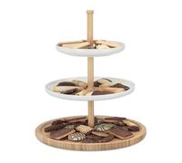 Relaxdays Fuente para Servir de 3 Pisos, Bambú-Cerámica, Beige-Blanco, 36 x 30 x 30 cm, Acero Inoxidable, 3 Niveles