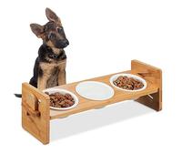 Relaxdays Futterstation für Hunde höhenverstellbar Comedero Elevado Perro, con 3 Cuencos 200 ml, Soporte para 3 Platos, Madera Bambú y Cerámica, Natural/Blanco, 16,5 x 54 x 16 cm