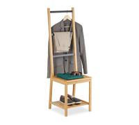 Relaxdays Galán de Noche con Balda, Bambú, 133x40x42 cm, Silla Perchero Dormitorio, Soporte Toallas, Natural/Negro