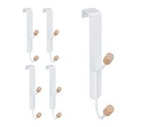 Relaxdays Ganchos Puerta Set 5, Nórdicos, Ganchos Dobles, Hierro y Madera, Percheros Puerta, 16x2x7 cm, Blanco y Natural