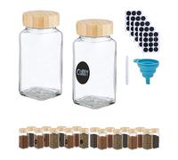 Relaxdays Gewürzgläser Set mit Bambusdeckel Botes Especias, Recipientes Cristal y Tapa Bambú, 120 ml, Etiquetas, Lápiz y Embudo, Transparente/Natural, Pack de 20