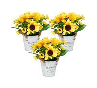 Relaxdays Girasoles Artificiales en Maceta, Set de 3 Plantas Realistas, Flores de Plástico, Tornasoles, Amarillo/Blanco, Hierro, 20 x 15 cm