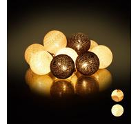 Relaxdays Guirnalda Luces con 10 Bolas LED a Pilas, Algodón-Poliestireno, Blanco-Gris-Negro, 6 cm de diámetro
