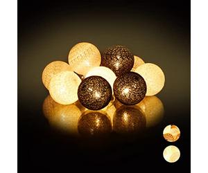 Relaxdays Guirnalda Luces con 10 Bolas LED a Pilas, Algodón-Poliestireno, Blanco-Gris-Negro, 6 cm de diámetro