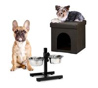 Relaxdays Home Sweet Dog Deluxe M - Juego de 2 taburetes con Cueva para Mascotas, comedero Doble, Altura Regulable, estación de alimentación