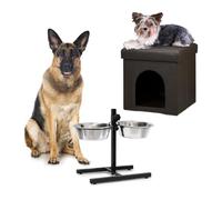 Relaxdays Home Sweet Dog Deluxe XL - Juego de 2 taburetes para Perros con Cueva para Animales, comedero Doble, Altura Regulable