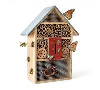 Relaxdays Hotel de insectos de madera, techo de metal resistente a la intemperie, 40 x 30 x 8 cm, para colgar, color natural/plateado