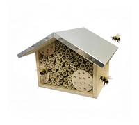 Relaxdays Hotel para Abejas de Madera con Techo galvanizado, Tubos de bambú, Colgante, 17x23x20 cm, Natural/Plateado