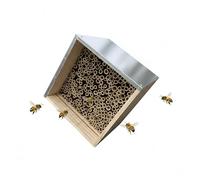 Relaxdays Hotel para Abejas de Madera con Techo galvanizado y Tubos de bambú, jardín, Colgante, Natural/Plateado 31.5x31