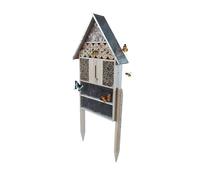 Relaxdays Hotel para Insectos con Soporte, Madera, Techo metálico Resistente, 119 x 50 x 12 cm, Natural/Plateado