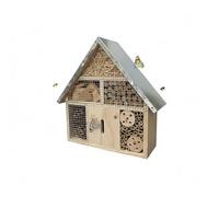 Relaxdays Hotel para Insectos en Madera con Techo Metálico Resistente, 28x30x9 cm, para Colgar, Natural/Plateado