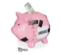 Relaxdays Hucha de Cerdito con Martillo, Inscripción de Emergency, con Cerradura, Cerámica, 14,5 x 15,5 x 20 cm, Rosa