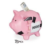 Relaxdays Hucha de cerdito "emergencia" blanco,fucsia,negro
