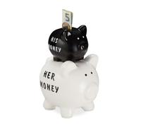 Relaxdays Hucha de Cerdo, His & Her Money, Alcancía Divertida, Regalo para Parejas, Bodas o Aniversarios, Negro y Blanco