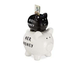 Relaxdays Hucha de Cerdo, His & Her Money, Alcancía Divertida, Regalo para Parejas, Bodas o Aniversarios, Negro y Blanco