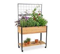 Relaxdays Huerto Elevado con Enrejado, Estante y Ruedas, Madera y Acero, 165×102×47,5 cm, Natural/Negro