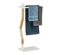 Relaxdays Independiente Toallero de Pie Doble, Autónomo, 78 x 40 x 20 cm, Colgador de Toallas para Baño, Acero y MDF, Blanco y Natural