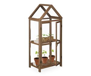 Relaxdays Invernadero para Balcón, Madera y Plástico, 146x66x47,5 cm, Puerta Doble, Armario de Cultivo Terraza, Marrón