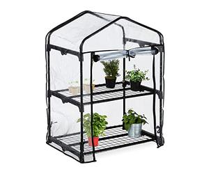 Relaxdays Invernadero Plástico, Estantería Plantas Vertical, 2 Baldas, 94 x 67 x 49 cm, PVC y Acero, Transparente/Negro
