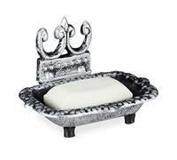 Relaxdays Jabonera, Vintage, Soporte Pastilla Jabón de Hierro Fundido, con Desagüe, Diseño Retro, Decorativa, Plateado, 10 x 15 x 11,5 cm