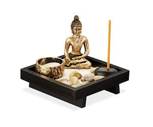 Relaxdays Jardín Zen, Buda, Piedras, Arena, Incienso y Portavelas, Decoración Feng Shui, Madera-Plástico, 1 Ud., Negro
