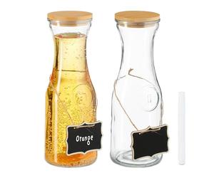 Relaxdays Jarra Cristal, Set de 2, 1 L, Garrafa Vidrio con Tapa Bambú, para Agua y Zumo, Etiquetar, Transparente/Natural