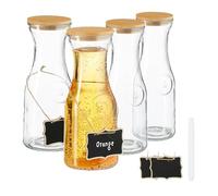 Relaxdays Jarra Cristal, Set de 4, 1 L, Garrafa Vidrio con Tapa Bambú, para Agua y Zumo, Etiquetar, Transparente/Natural, Silicona