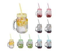 Relaxdays Jarras con Tapa y Pajita, Set de 10 Jarritas Limonada, 500 ml, Vasos Retro Veraniegos con Asa, Multicolor