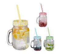Relaxdays Jarras con Tapa y Pajita, Set de 4 Jarritas Limonada, 500 ml, Vasos Retro Veraniegos con Asa, Multicolor, Acero