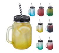 Relaxdays Jarras con Tapa y Pajita, Set de 8, 400 ml, Efecto Congelado, Vasos Veraniegos con Asa, Multicolor/Negro