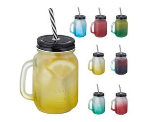 Relaxdays Jarras con Tapa y Pajita, Set de 8, 400 ml, Efecto Congelado, Vasos Veraniegos con Asa, Multicolor/Negro