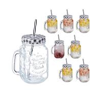 Relaxdays Jarras con Tapa y Pajita, Set de 8, Diseño a Cuadros, 500 ml, Verano, Vasos Veraniegos con Asa, Negro