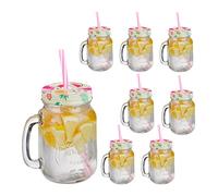 Relaxdays Jarras con Tapa y Pajita, Set de 8, Diseño de Flamencos, 500 ml, Vasos Retro Veraniegos con Asa, Multicolor, Hierro