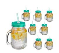 Relaxdays Jarras con Tapa y Pajita, Set de 8 Jarritas Limonada, 500 ml, Verano, Vasos Retro Veraniegos con Asa, Verde