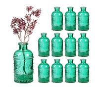Relaxdays Glass Vase Jarrón de Cristal, 12 Unidades, para decoración de Mesa, diseño Vintage, Altura: 13 x 6 cm, Mini Botellas Decorativas para Flores, Color Verde, 100, 13x6 cm