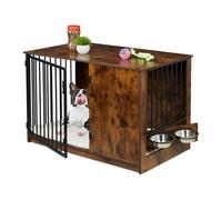 Relaxdays Jaula Perros, Mueble Mascotas Interior, 65,5x102x60 cm, con 2 Cuencos Giratorios, MDF y Acero, Marrón y Negro, 50% Tablero de Fibra 20% Inoxidable 30%