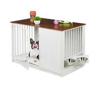 Relaxdays Jaula Perros, Mueble Mascotas Interior, 65,5x102x60 cm, con 2 Cuencos Giratorios, MDF y Acero, Blanco y Marrón, 30% 50% Tablero de Fibra 20% Inoxidable