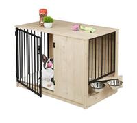 Relaxdays Jaula Perros, Mueble Mascotas Interior, 65,5x102x60 cm, con 2 Cuencos Giratorios, MDF y Acero, Gris y Negro