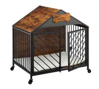 Relaxdays Jaula Perros, Mueble Perrera Interior, 73 x 70 x 53 cm, con Letrero y Ruedas, MDF y Acero, Marrón y Negro