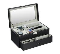 Relaxdays Joyero, Organizador de Joyas, Gafas y Relojes, Caja Accesorios Joyería con Cajón, 15,5 x 33,5 x 19 cm, Negro