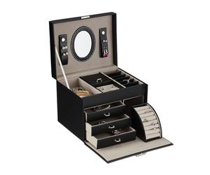 Relaxdays Joyero, Organizador Joyas con Espejo, Soporte Anillos, 18,5 x 24 x 19 cm, Estuche Accesorios, Negro