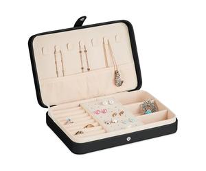 Relaxdays Joyero, Organizador Joyas Pequeño para Viajes, Efecto Piel, Estuche para Anillos, 4,5 x 21 x 14,5 cm, Negro