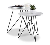 Relaxdays Juego 2 Mesas Auxiliares Redondas, DM-Metal, Blanco-Negro, 40 y 48 cm de diámetro