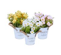 Relaxdays Juego 3 Ramos de Flores Artificiales en Maceta, Crisantemos, Decorativas, 20 x 15 cm, Amarillo, Blanco y Rosa, Hierro