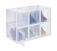 Relaxdays Juego 6 Cajas Zapatos, Talle 42, Apilables, Calzado Tacón Alto, Orificios Ventilacón, Plástico, Transparente/Blanco, 22 x 21 x 33 cm